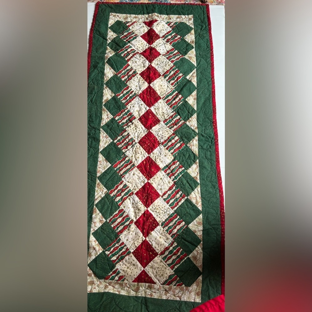 Vintage Christmas Quilted Table Runner Red Green Gold